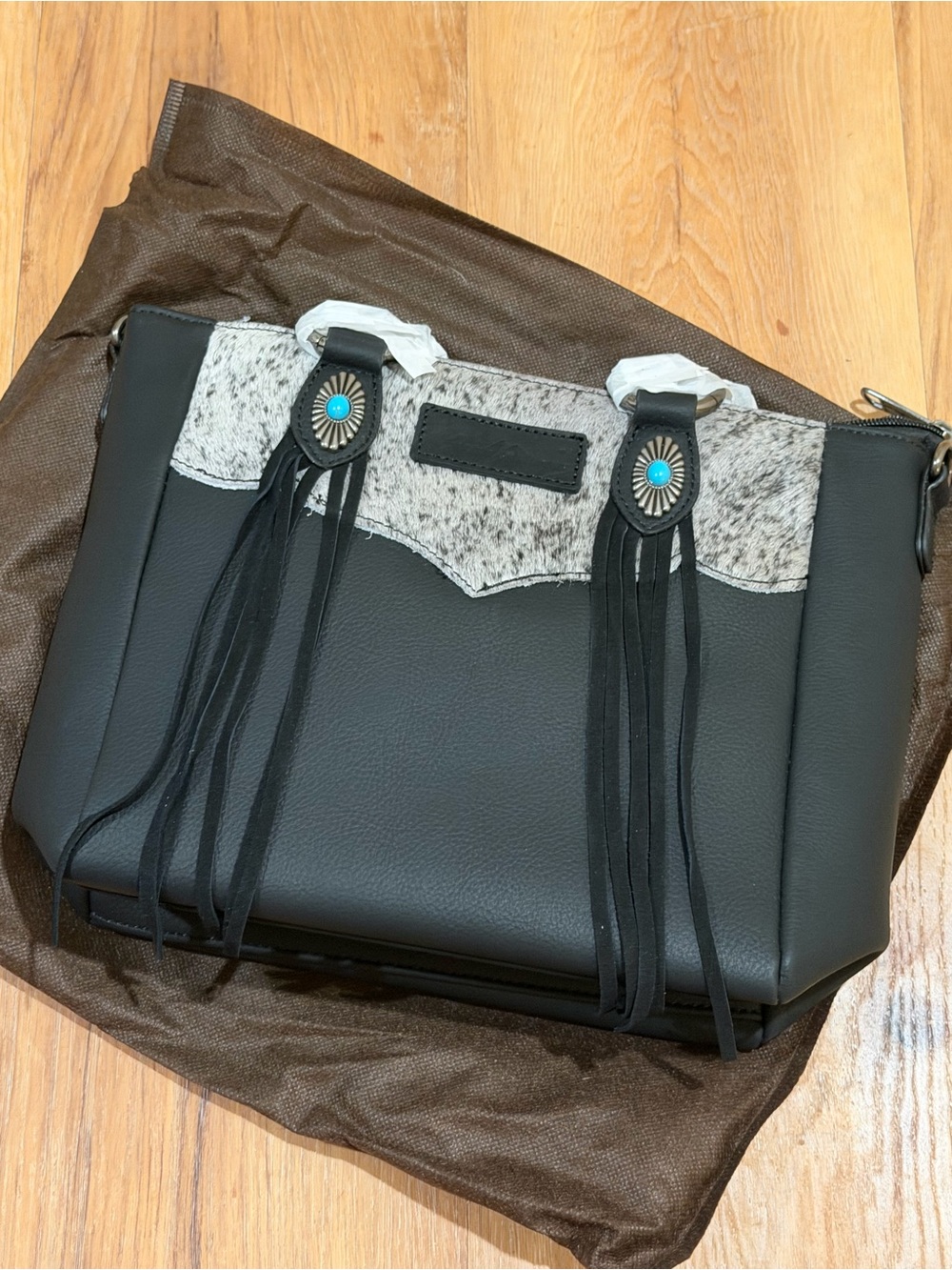 Montana West Black Satchel with Gray Hair-On Accent and Turquoise Conchos